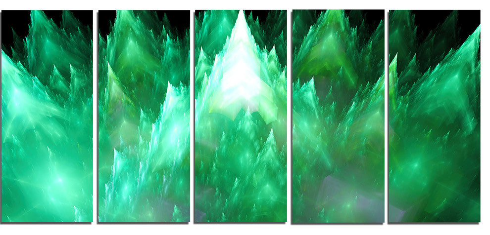 Green Fractal Crystals Design, Abstract Canvas Art Print, 60"x28", 5 Panels