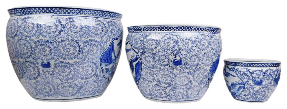 Blue and White Asian Porcelain Garden Pot Painted Landscape, 10