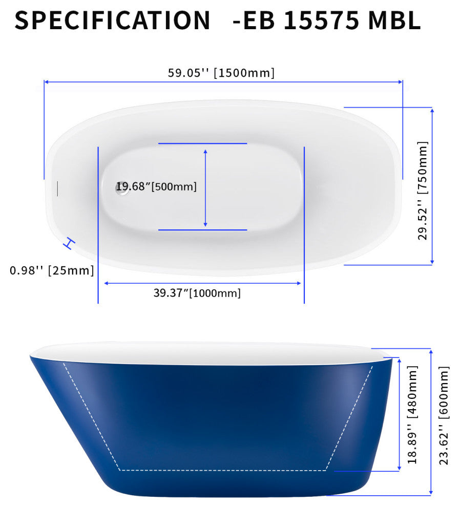 59" Acrylic Freestanding Single Slipper Soaking Bathtub, Blue