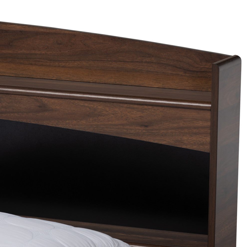 Rosslan Walnut Finish Mid Century Platform Bed With Storage Headboard, Queen