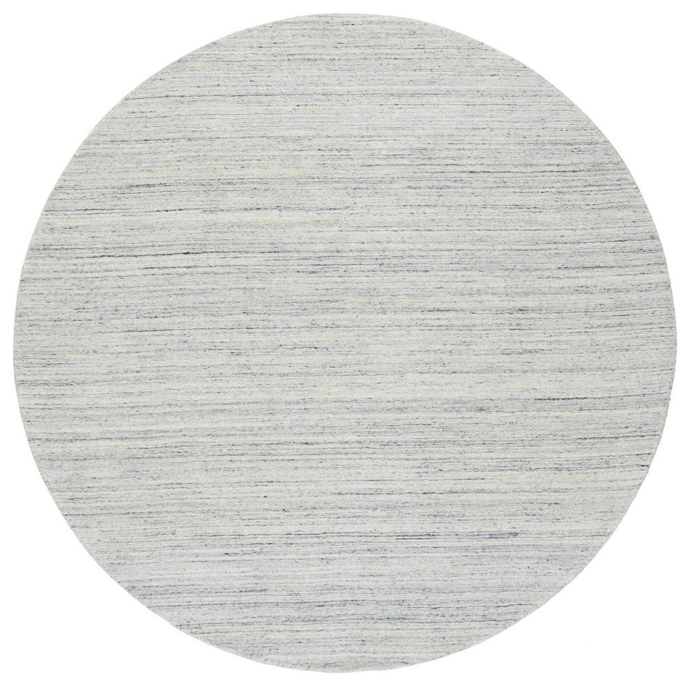 Ivory, Plain Modern Striped Design, Soft Wool Hand Loomed Round Rug, 8'0"x8'0"