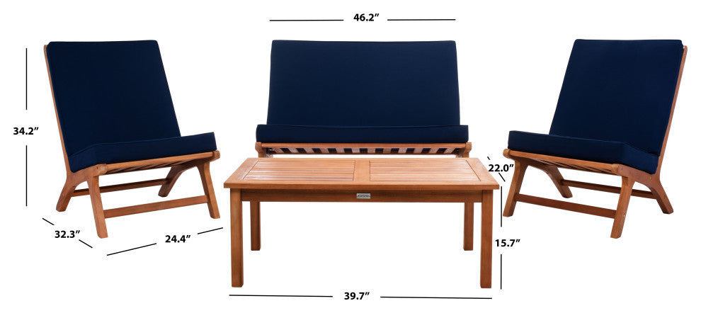 Safavieh Chaston Indoor-Outdoor 4-Piece Living Set, Natural Wood/Navy Cushion