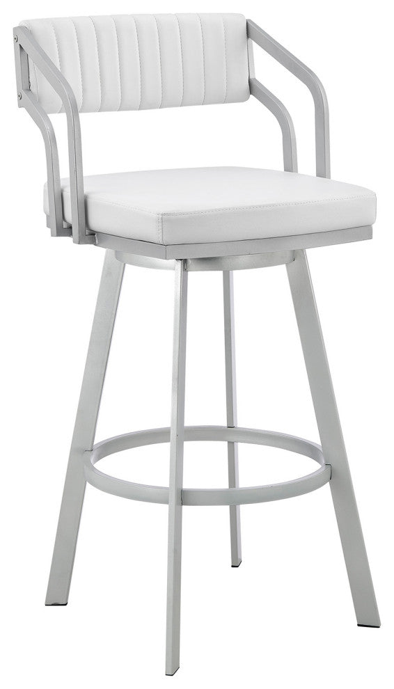 30" Timeless White Faux Leather Silver Finish Swivel Bar Stool