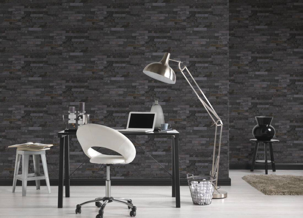 Faux Textured Wallpaper, Stone Wall, Black Gray, One Roll