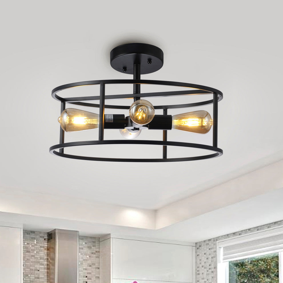 Ryker Farmhouse Matt Black 4 Light Drum Ceiling Pendant 18" Wide