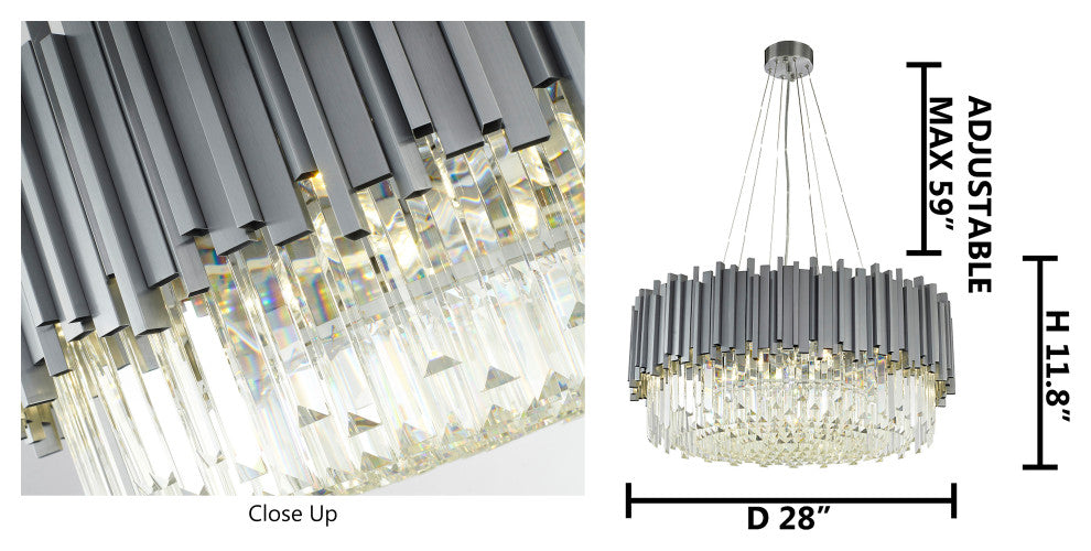12-Light D28" Chrome Stainless Steel Chandelier With Clear Crystals