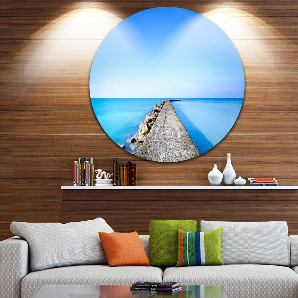 Concrete And Rocks Pier, Seascape Photo Round Wall Art, 23"