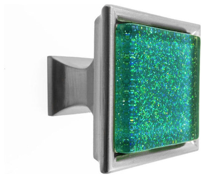 Sparkling Emerald Green Sand Crystal Glass Brushed Nickel Madison Classic Knob