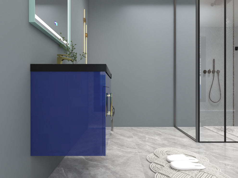 Rosa 30" Wall Mounted Modern Vanity, High Gloss Night Blue, Matt Black Top