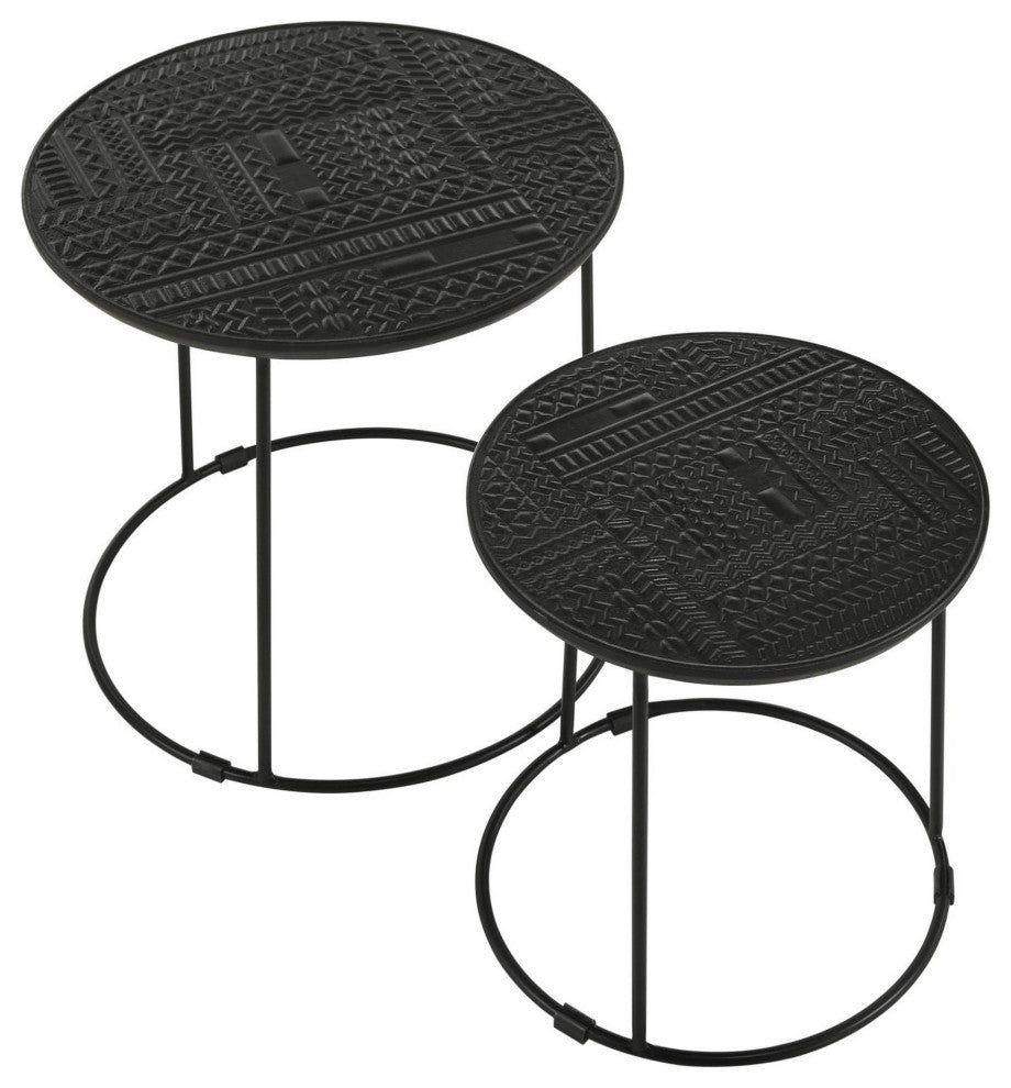 2-Piece Round Nesting Side End Table, Embossed Wood Top, Matte Black