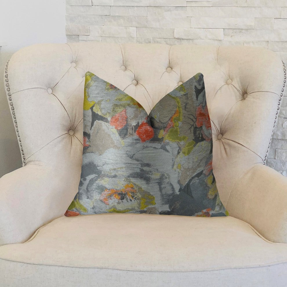 Fairy Garden Gray Yellow and Coral Handmade Luxury Pillow, 20"x36" King