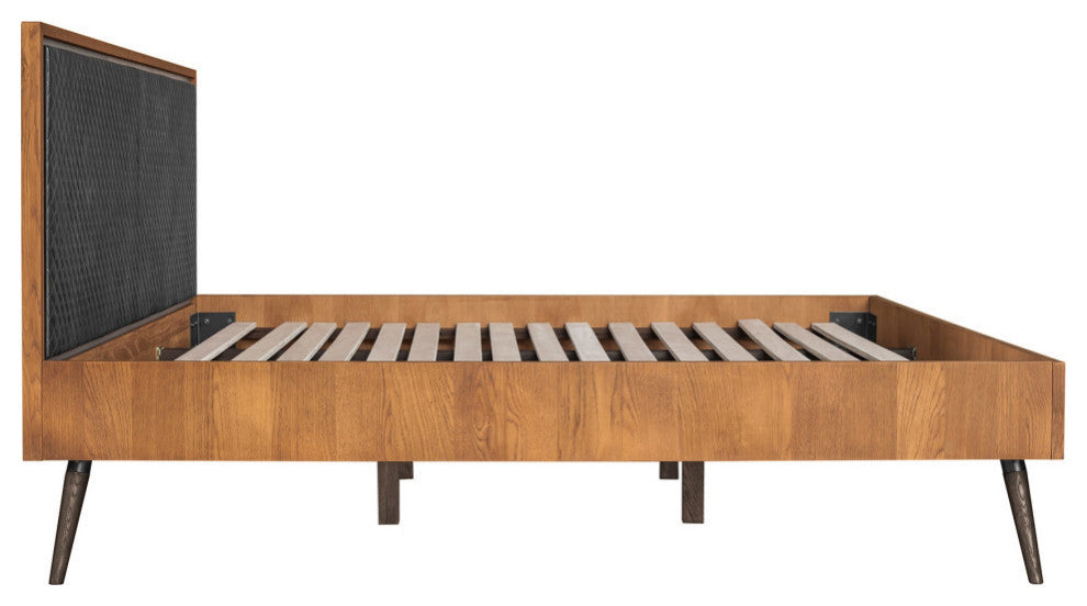 Coco Rustic Oak Wood Upholstered Faux Leather King Platform Bed