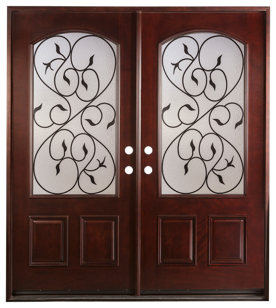 Front Exterior Entry Door, Wood Double Door 60" x 80" Prehung, Left Hand In-swing, Dark Mahogany Stain, Glass M002E30X30X80 3L