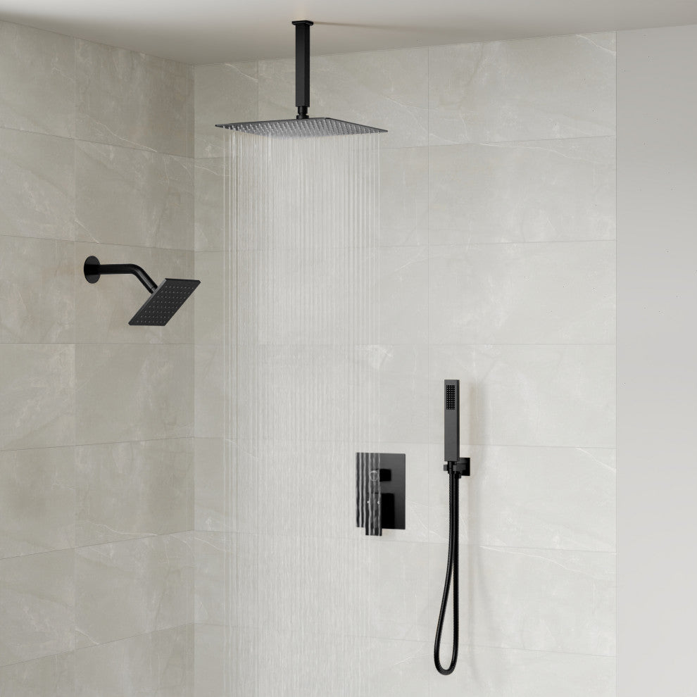 Dual Heads 3-Functions Shower System With Pressure Balancing Rough-In Valve, Matte Black