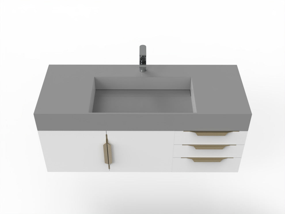 CastelloUSA Amazon 48" Wall Mounted Vanity Set, White, Gray Top, Gold Handles