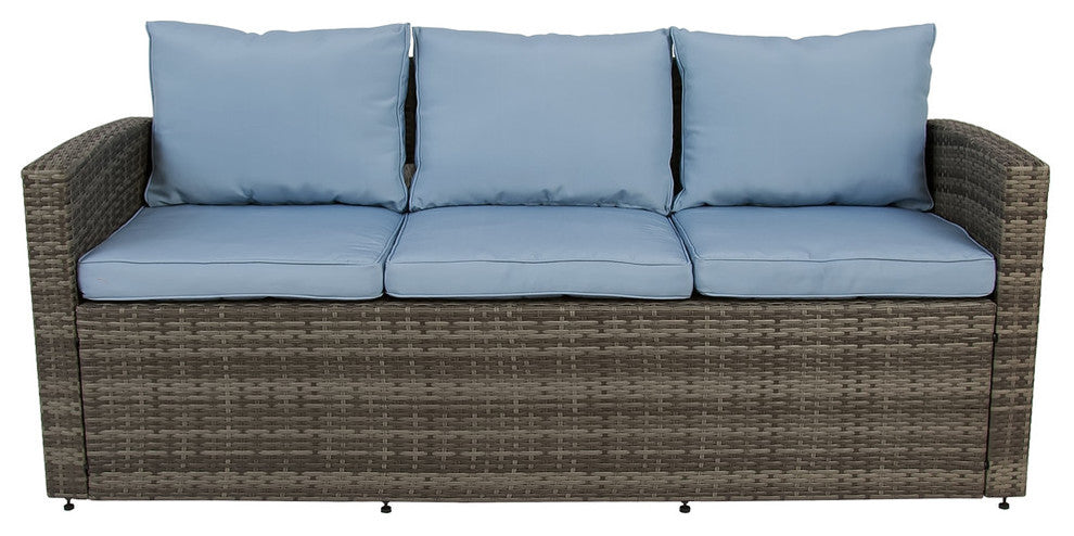 Rio 4 Piece Wicker Conversation Set With Storage, Gray Wicker/Blue Cushions
