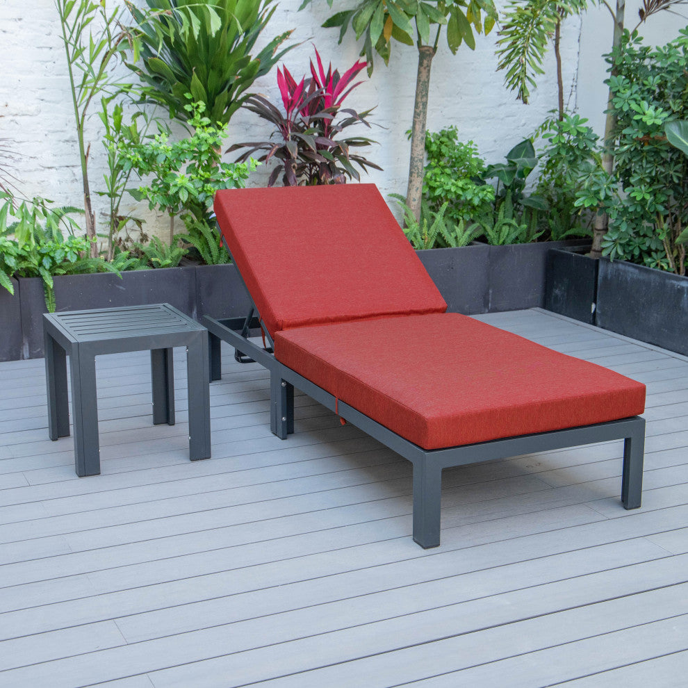 LeisureMod Chelsea Chaise Lounge Chair With Cushions & Side Table, Red