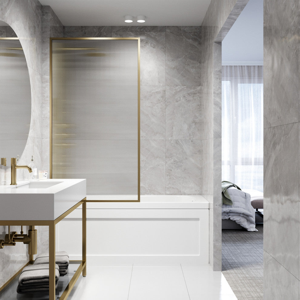 VIGO Meridian Framed Fixed, Matte Brushed Gold, Tub Screen, 34" W X 62" H, Fluted Glass