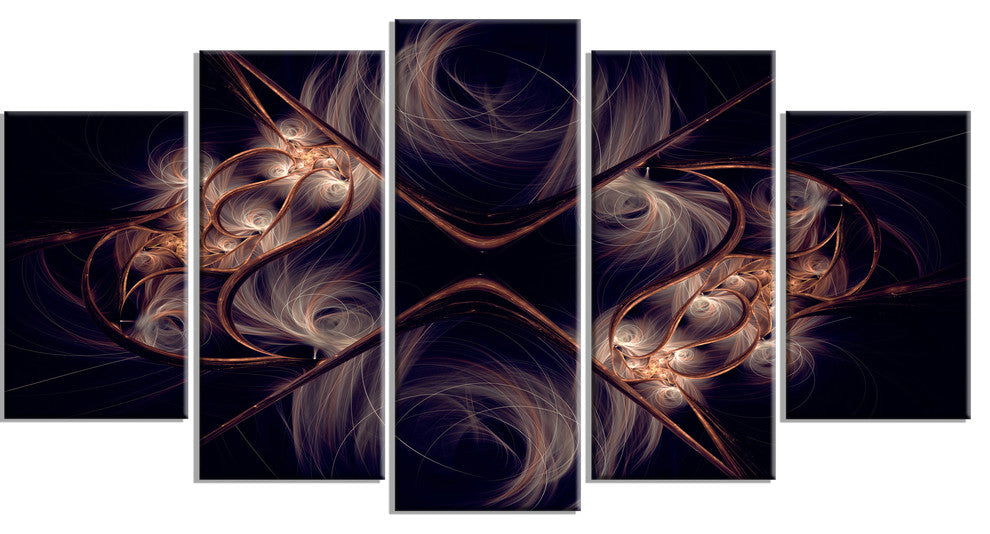 Dark Gold Fractal Flower Pattern, Abstract Wall Art Canvas, 60"x32", 5 Panels