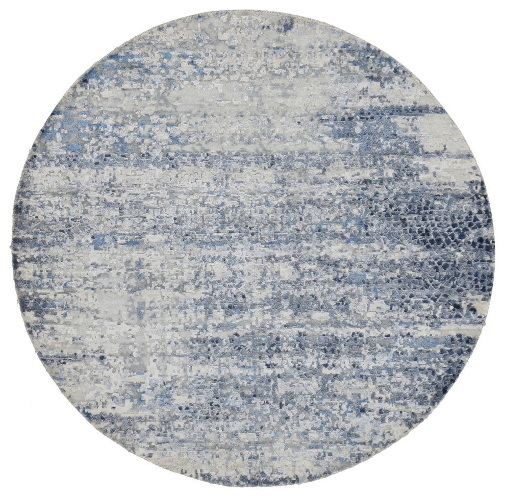Sky Blue Broken Mosaic Design Wool and Silk Hand Knotted Round Rug 6' x 6'