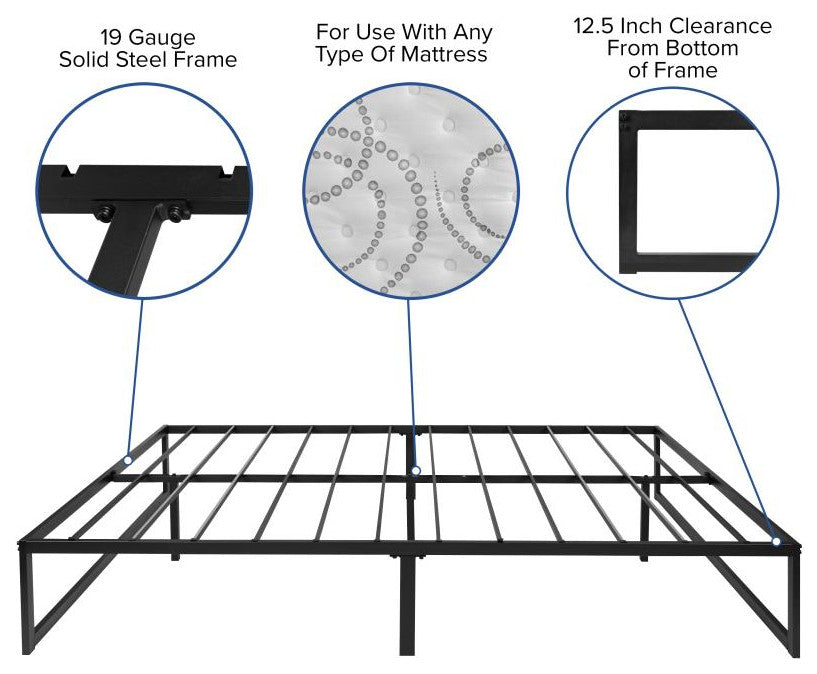 14" Metal Platform Bed Frame, 12" Pocket Spring Mattress & Memory Foam Topper, Black, King
