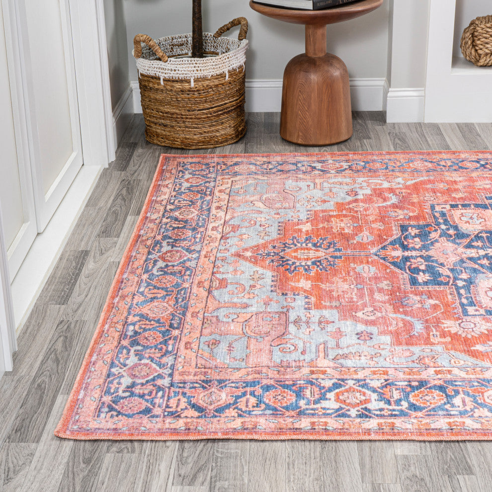 Maris Ornate Medallion Machine Washable Indoor Area Rug, Orange/Cream, 8 X 10