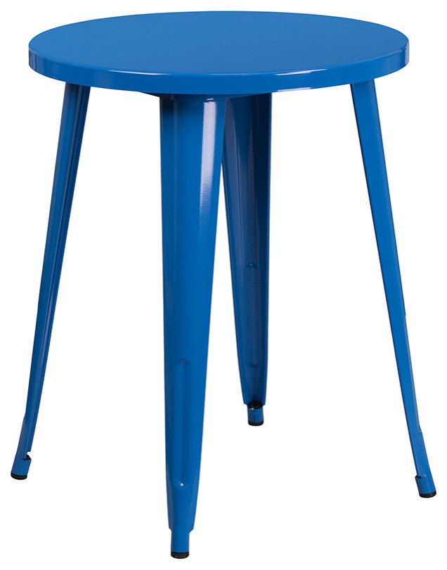 24" Round Blue Metal 3-Piece Table Set With 2 Vertical Slat Back Chairs