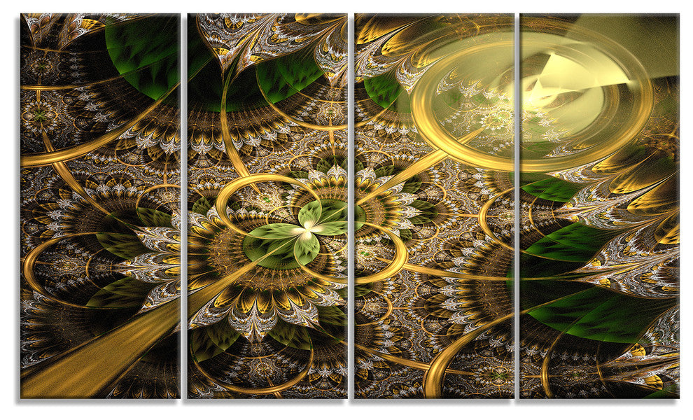Dark Green and Gold Fractal Flower, Floral Canvas Art Print, 48"x28", 4 Panels