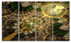 Dark Green and Gold Fractal Flower, Floral Canvas Art Print, 48"x28", 4 Panels