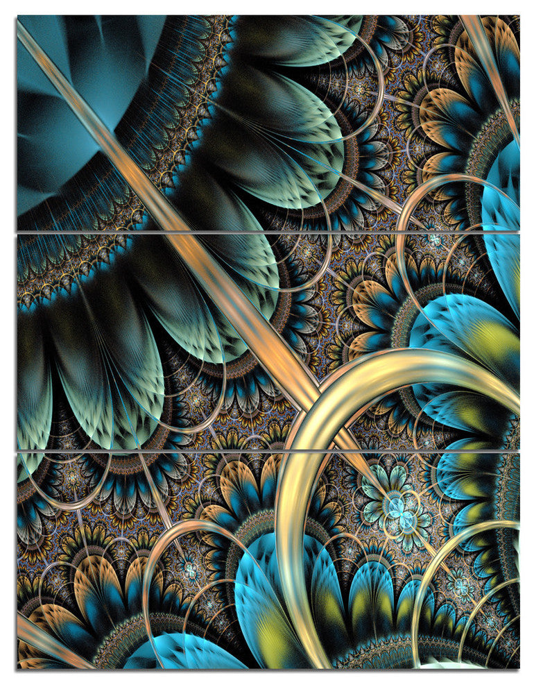 "Blue Brown Fractal Floral Pattern" Metal Wall Art, 3 Panels, 28"x36"