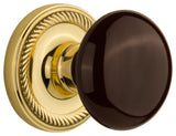 Double Rope Rosette With Brown Porcelain Knob, Polished Brass