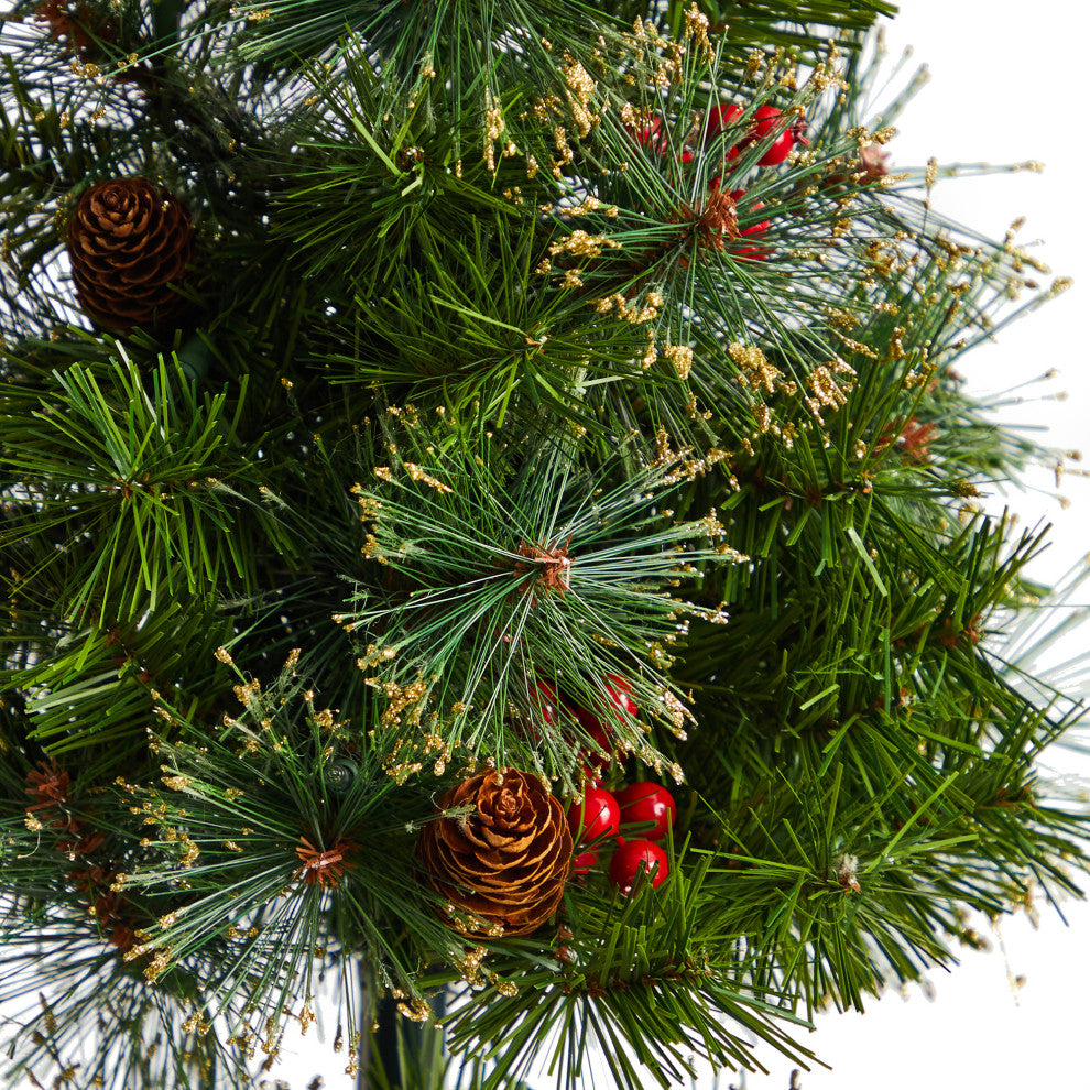T3285 4 Christmas Artificial Topiary Tree With Decorative Ribbon and Berries