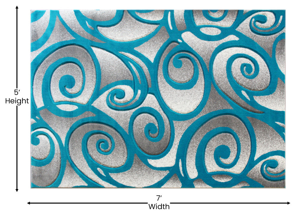 Angie Collection Modern Rectangle 5' x 7' High-Low Pile Swirled Area Rug, Turquo
