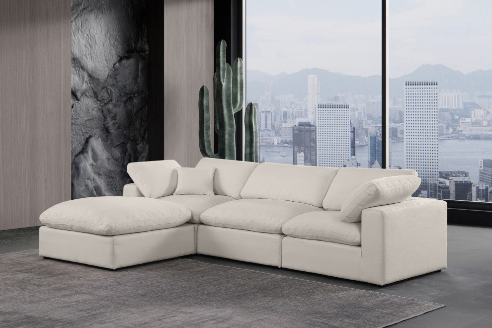 Comfy Upholstered L-Shaped Modular Sectional, Beige, 4-Piece: 1 Armless Chair, 2 Corner Chair, 1 Ottoman, Linen Textured Fabric