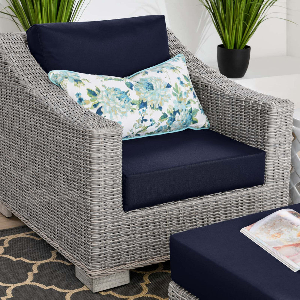 Side Chair Armchair and Ottoman, Rattan, Wicker, Gray Blue Navy, Outdoor