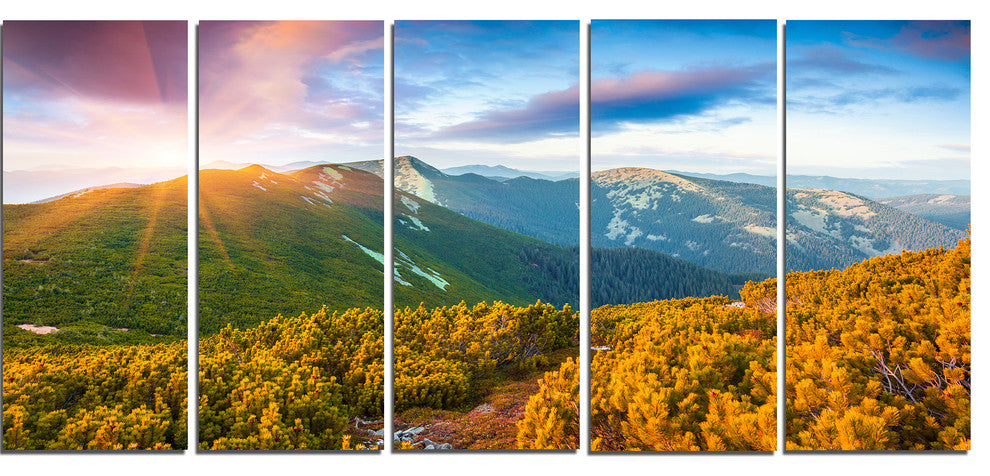 Bright Sunrise in Carpathian Mountains, Landscape Canvas Art, 60"x28", 5 Panels