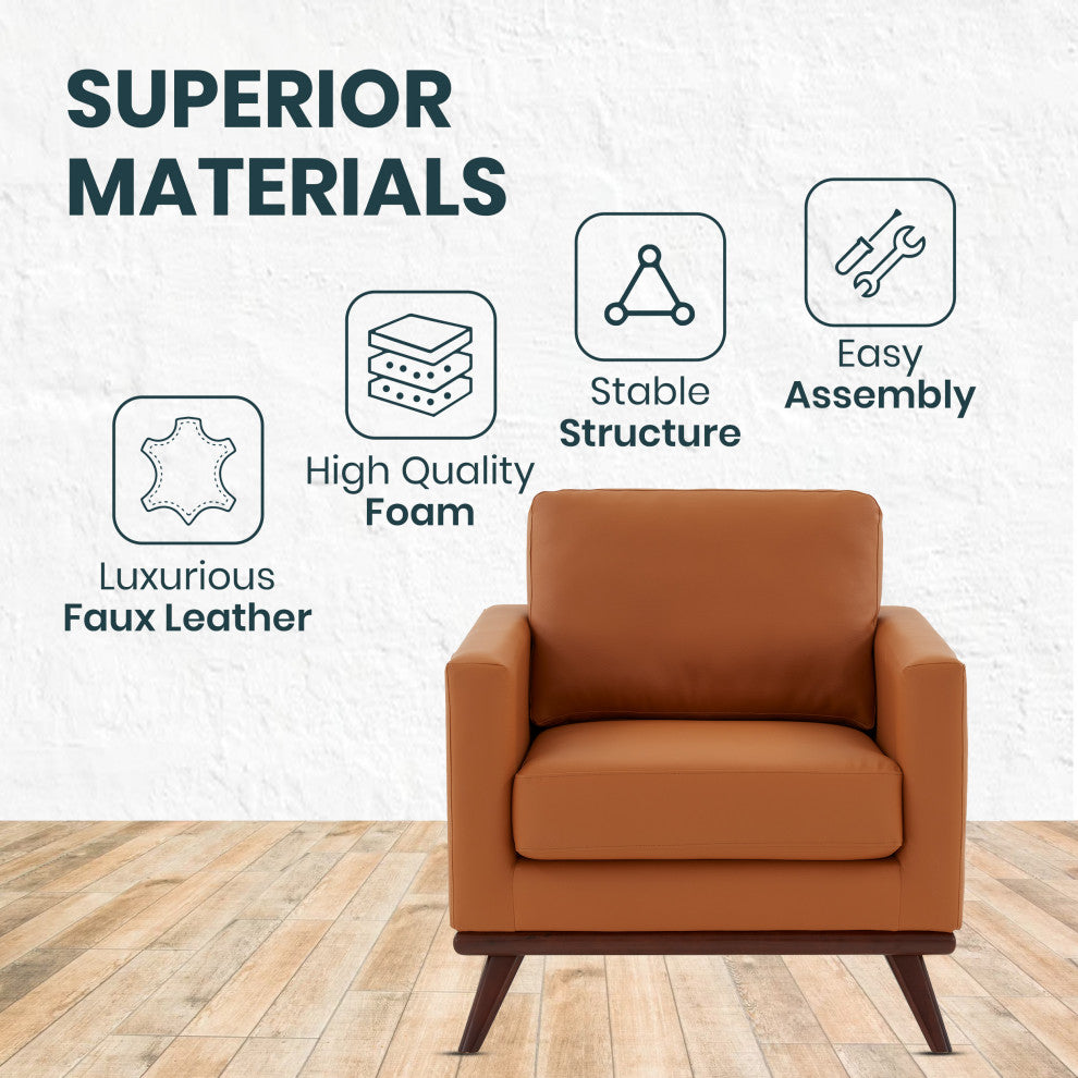 LeisureMod Chester Mid-Century Modern Faux Leather Accent Arm Chair, Cognac Tan