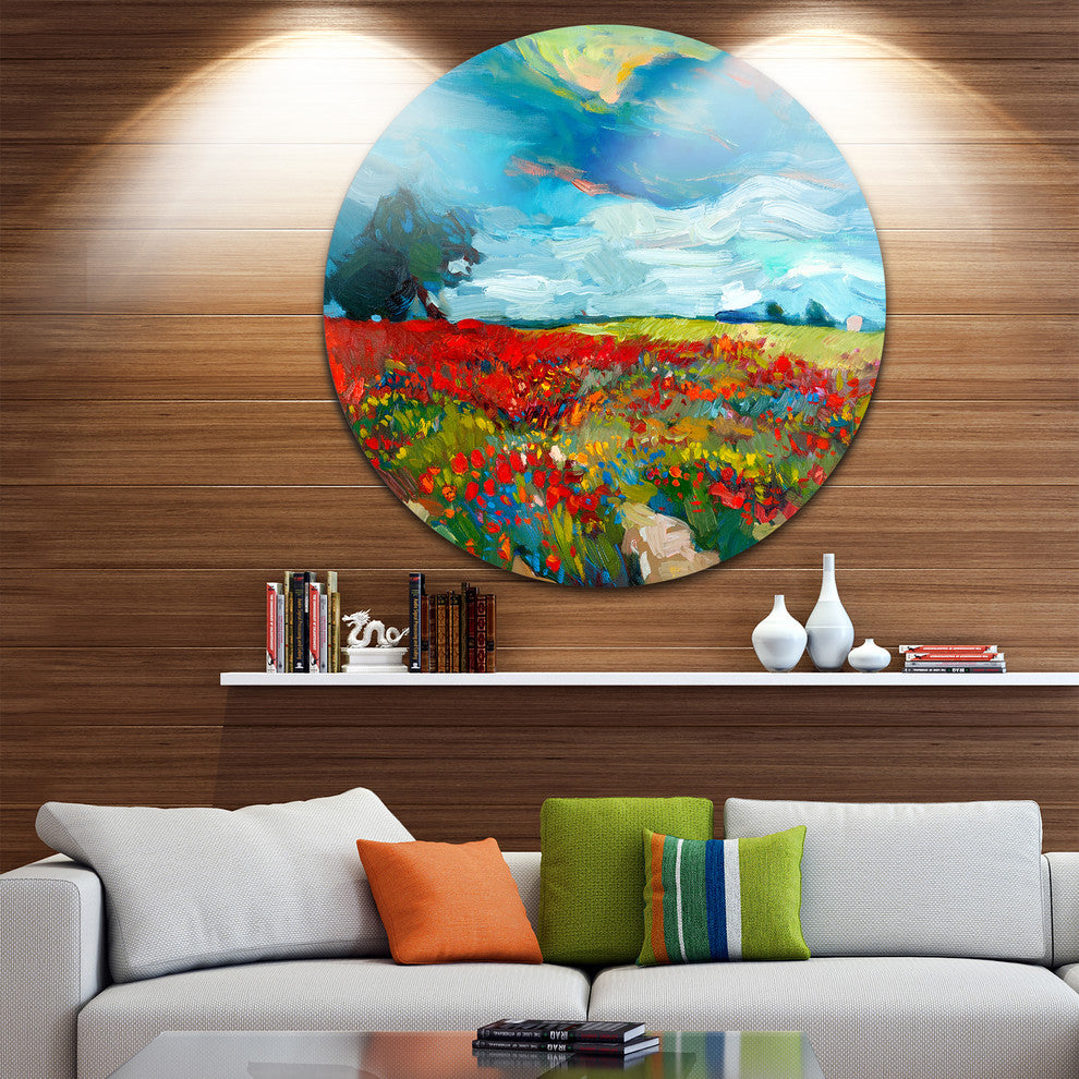 Colorful Flower Fields, Landscape Painting Disc Metal Artwork, 36"