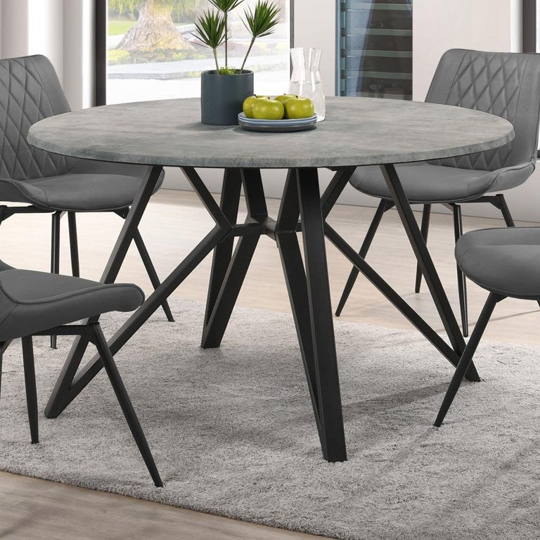 Modern Dining Table, Butterfly Shaped Metal Base With Round Faux Concrete Top