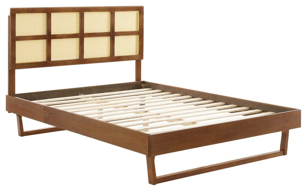 Sidney Cane and Wood Full Platform Bed With Angular Legs