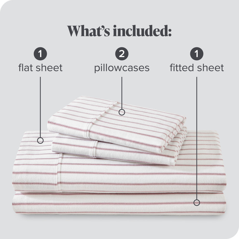 Bare Home Cotton Flannel Sheet Set, Ticking Stripe - White/Burgundy, King