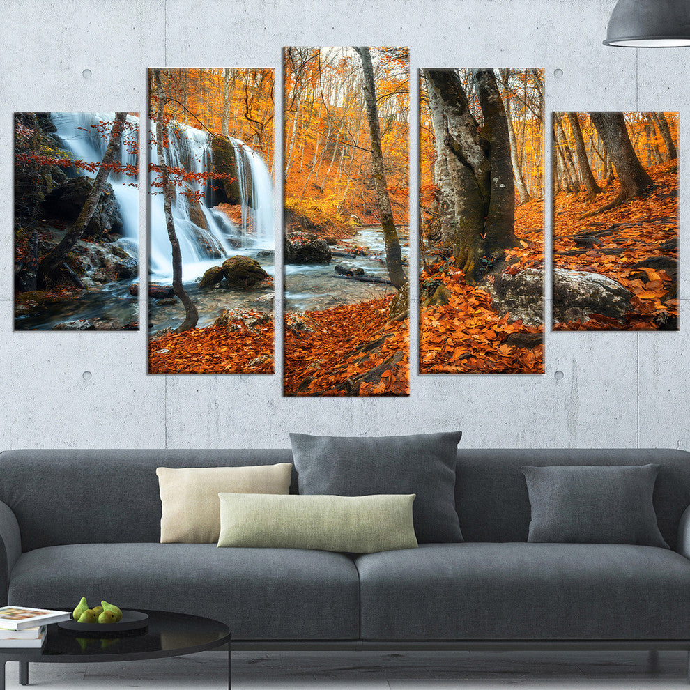 "Autumn Mountain Waterfall Close View" Landscape Photo Art, 5 Panels, 60"x32"