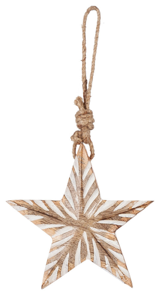 Set of 3, Assorted Hanging Engraved Mango Wood Stars