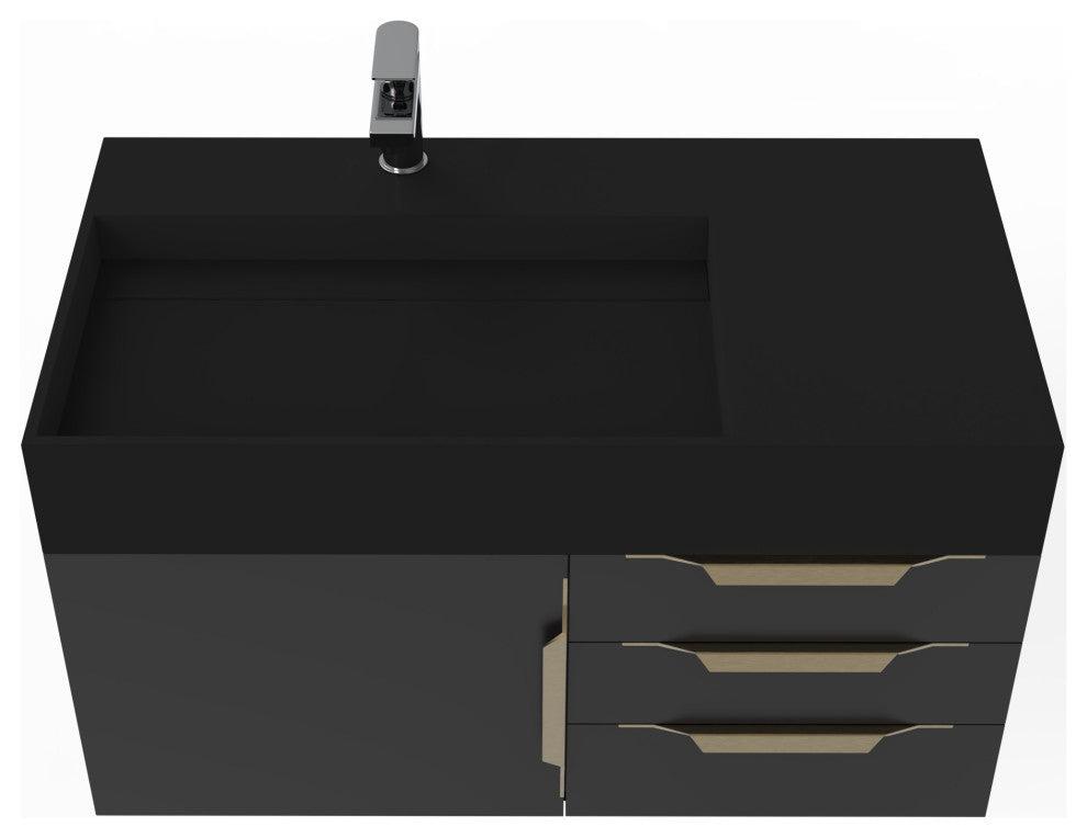 CastelloUSA Amazon 36" Wall Mount Vanity Set, Black, Black Top, Gold Handles