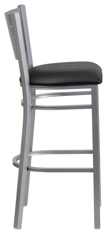 Silver Slat Back Metal Restaurant Barstool, Black Vinyl Seat
