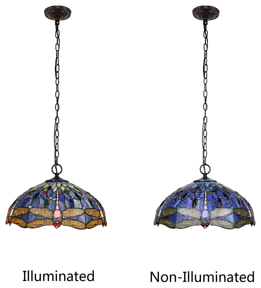 Sdragonfly Tiffany-Style Dark Bronze 2 Or 3 Light Ceiling Pendant 18" Wide