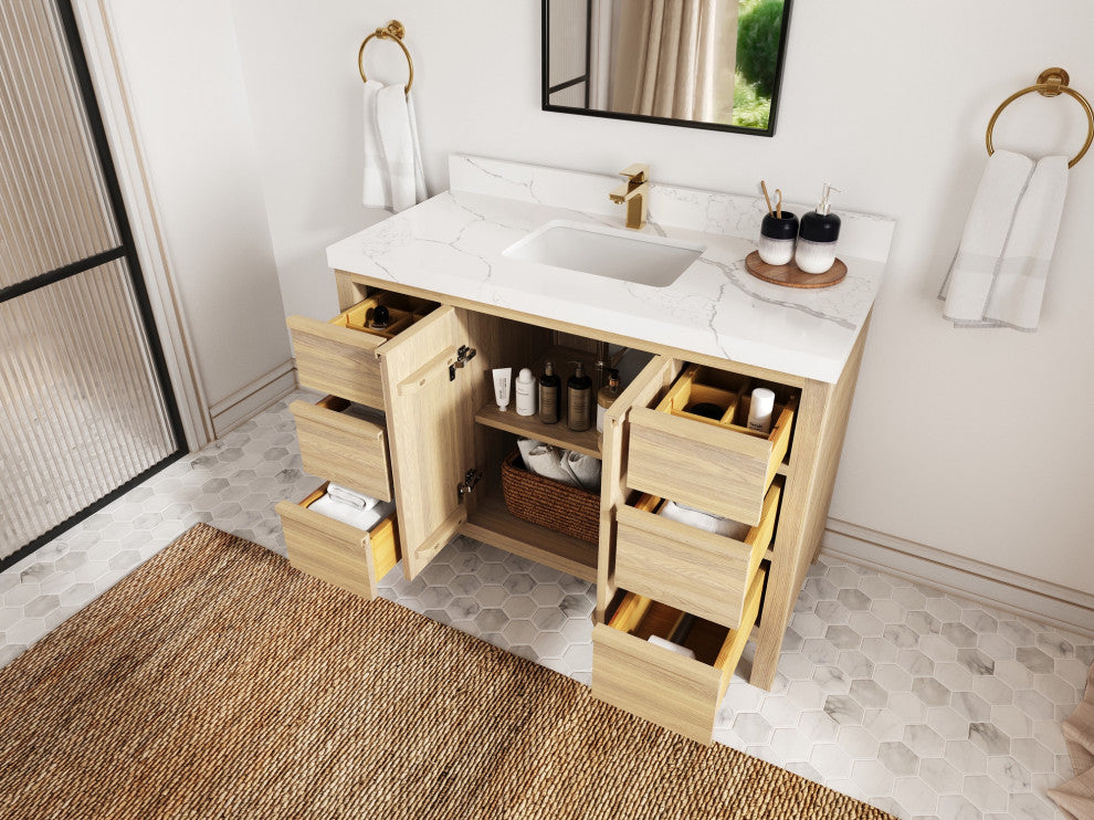Elizabeth Oak 48" Single Sink Vanity, White 2" Venatino Quartz