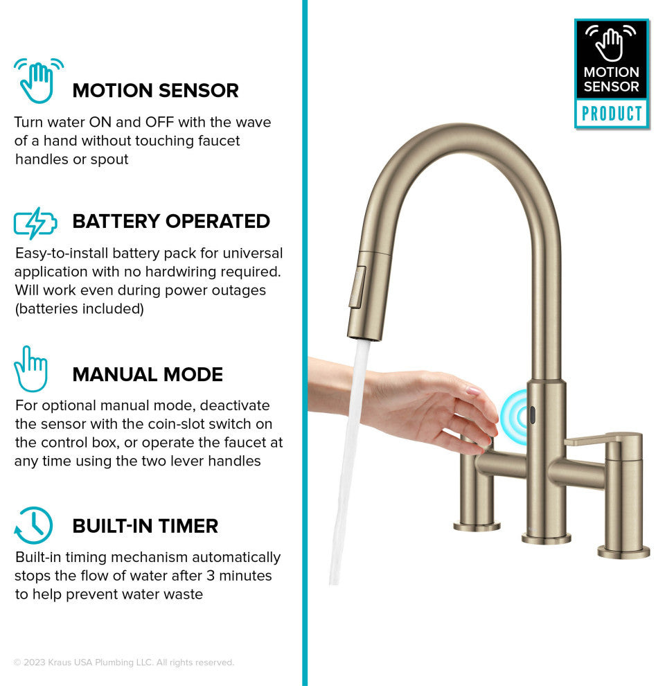 KRAUS Oletto Touchless Sensor Bridge Kitchen Faucet w Pulldown Sprayhead SFACB