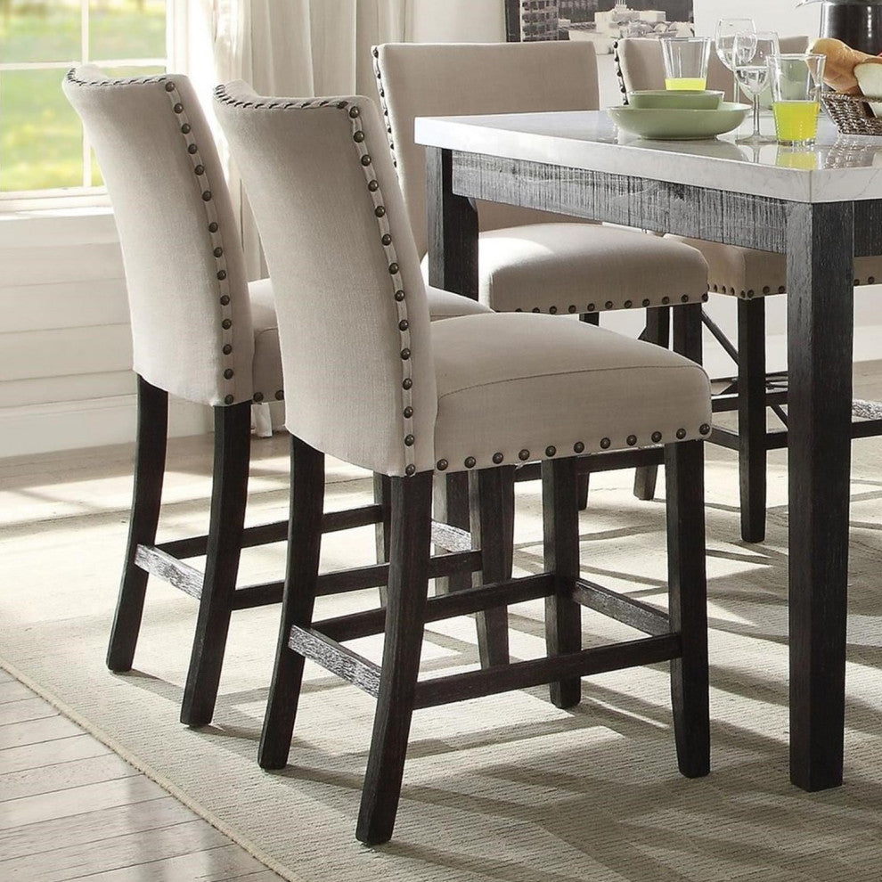 Set of 2 Beige Linen Counter Height Chair, Salvage Dark Oak Finish