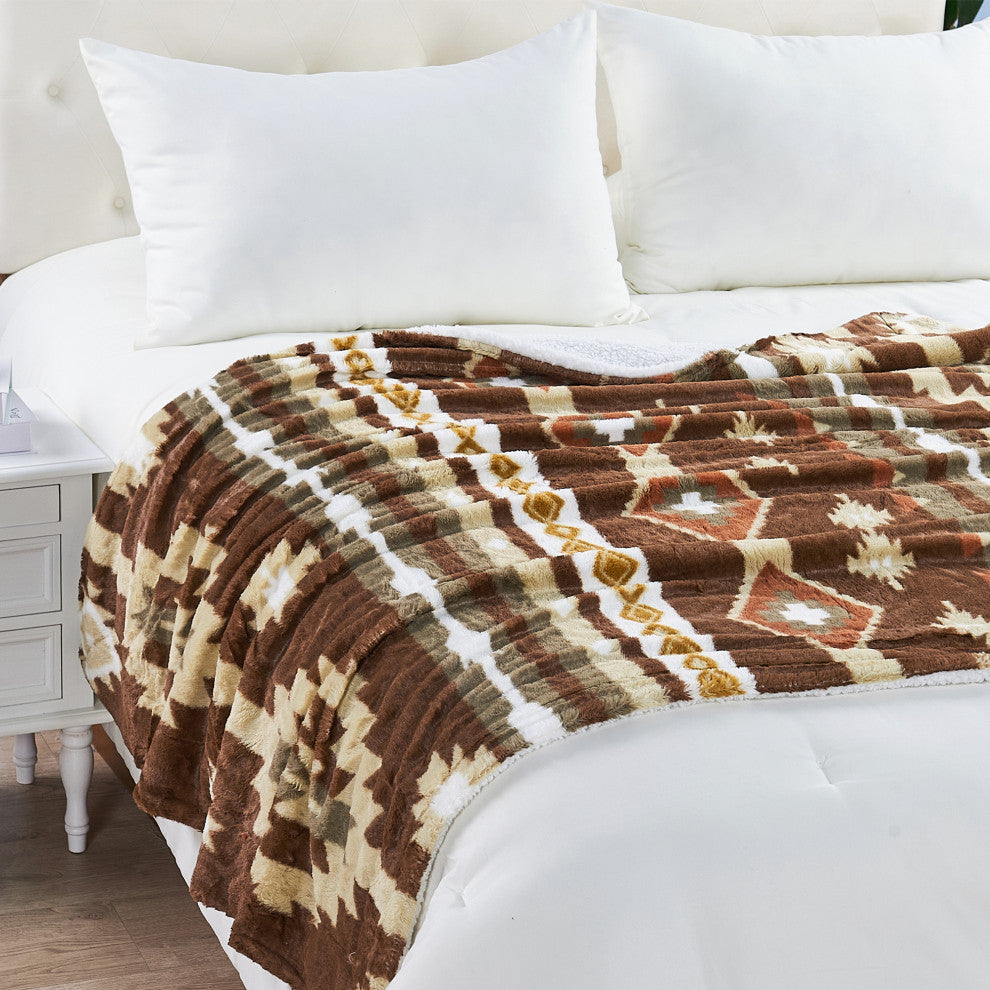 Southwest Faux Fur & Sherpa Backing Throw Blanket, Coffee, 60" X 80"